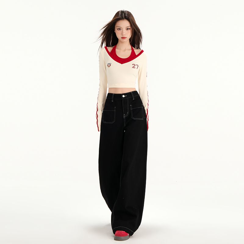 Real shot of 2025 spring fashion trend casual pants for women high waist straight wide-leg pants