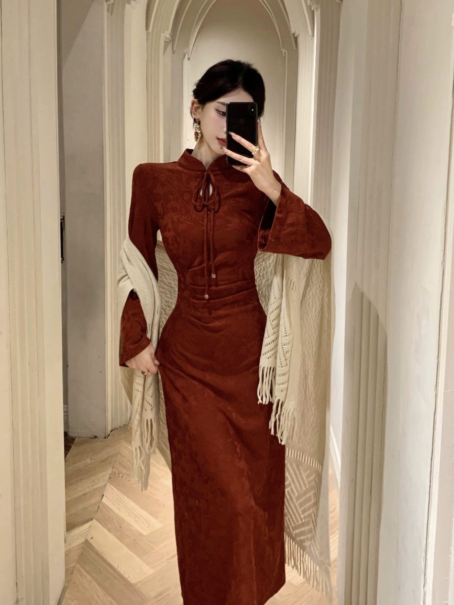 新中式提花氣質改良訂婚旗袍女早秋2025新款敬酒服新娘紅色連衣裙