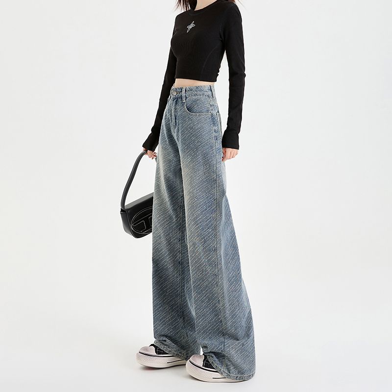 Real shot of 2025 spring fashion meteor pattern texture high waist wide-leg jeans women loose floor pants