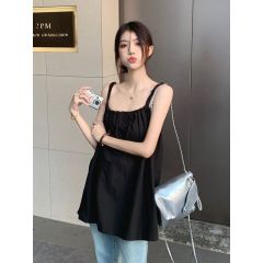 純欲風露背吊帶連衣裙女春夏韓版2025新款褶皺系帶小個子黑色短裙