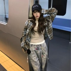 潮牌雙色磨毛格子襯衫男女春季復古美式寬鬆長袖襯衣情侶外套