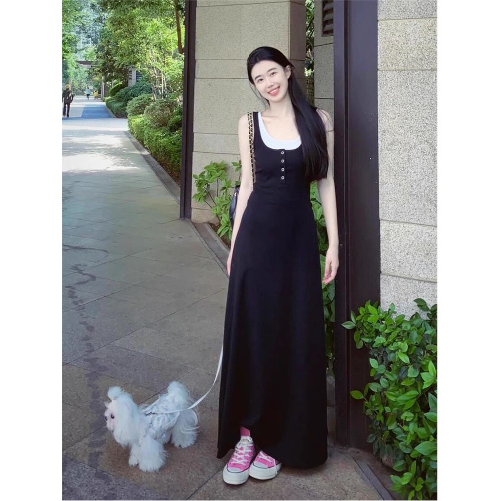 大碼胖mm夏季裙子甜美純欲吊帶裙假兩件設計感長裙溫柔風連衣裙女