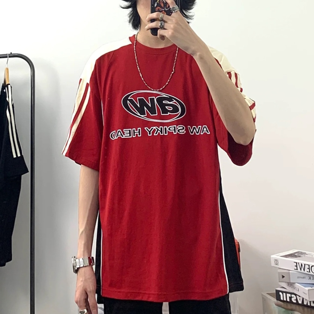 21支210g精梳純棉夏季拼接插肩短袖t恤寬鬆機車設計感情侶上衣ins