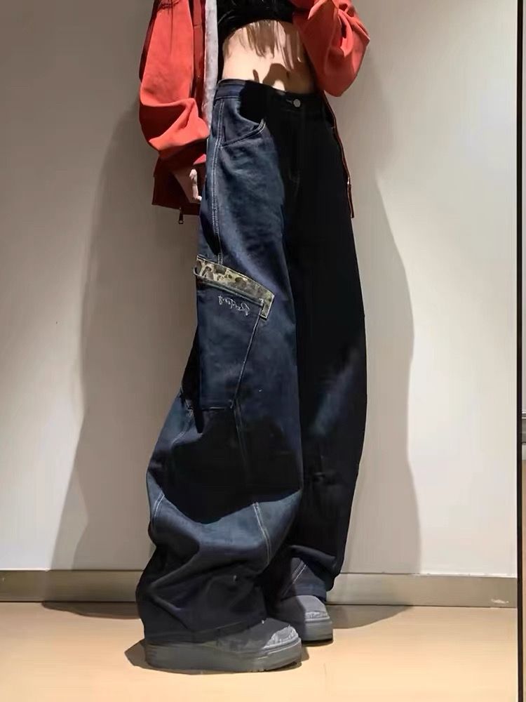 美式復古豹紋拼接彎刀牛仔褲女春秋大碼寬鬆闊腿垂感拖地長褲子潮
