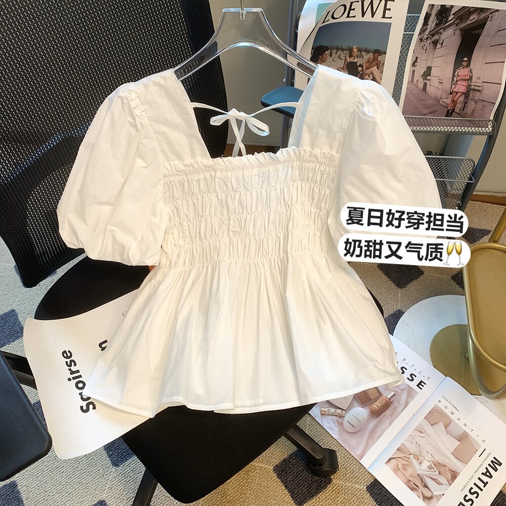 法式褶皺方領泡泡短袖襯衫女夏季漂亮洋氣小衫收腰遮肚子雪紡上衣
