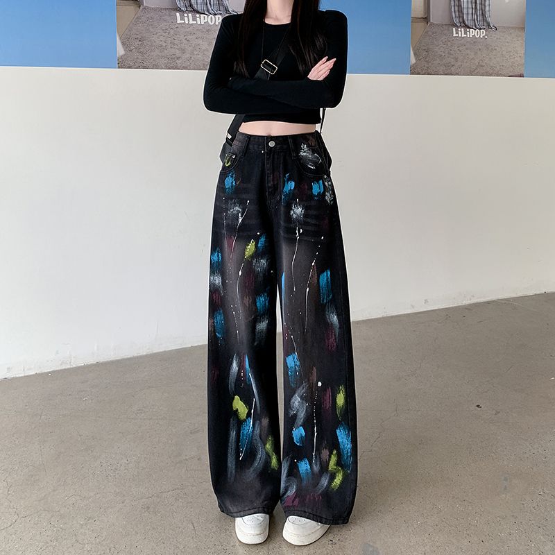 實拍~美式個性彩繪闊腿牛仔褲女春季新款寬鬆直筒褲拖地褲子