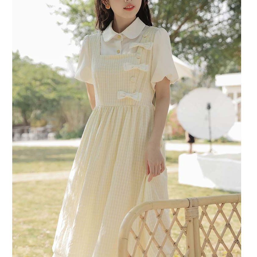 夏季森系甜美假兩件連衣裙女2025新款法式小個子奶乖溫柔風長裙子