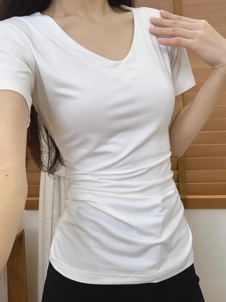 High-quality pure cotton 210g 40 pieces smooth wool 92 cotton 8 spandex slim waist V-neck short-sleeved T-shirt for women