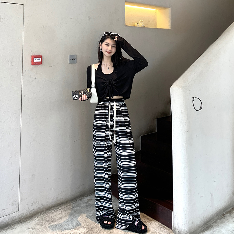 條紋休閒闊腿褲女夏季新款韓版寬鬆顯瘦高腰垂感直筒拖地褲子