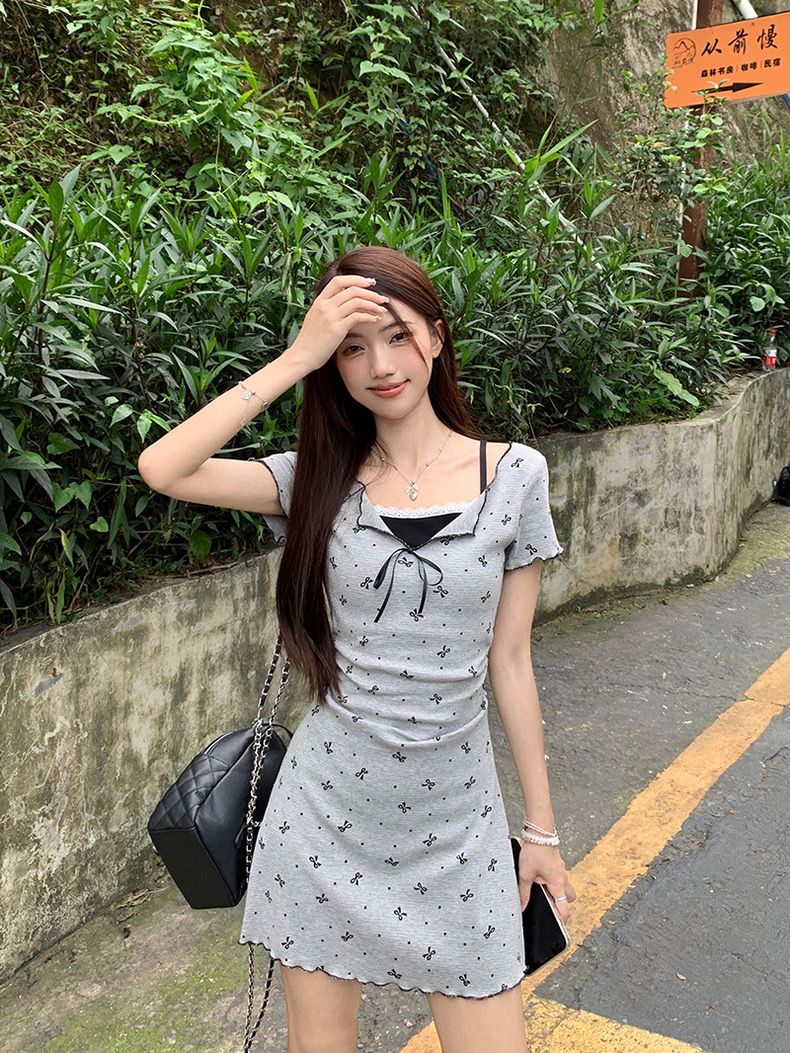 假兩件蝴蝶結印花短袖連衣裙女夏季氣質蕾絲花邊收腰顯瘦A字長裙