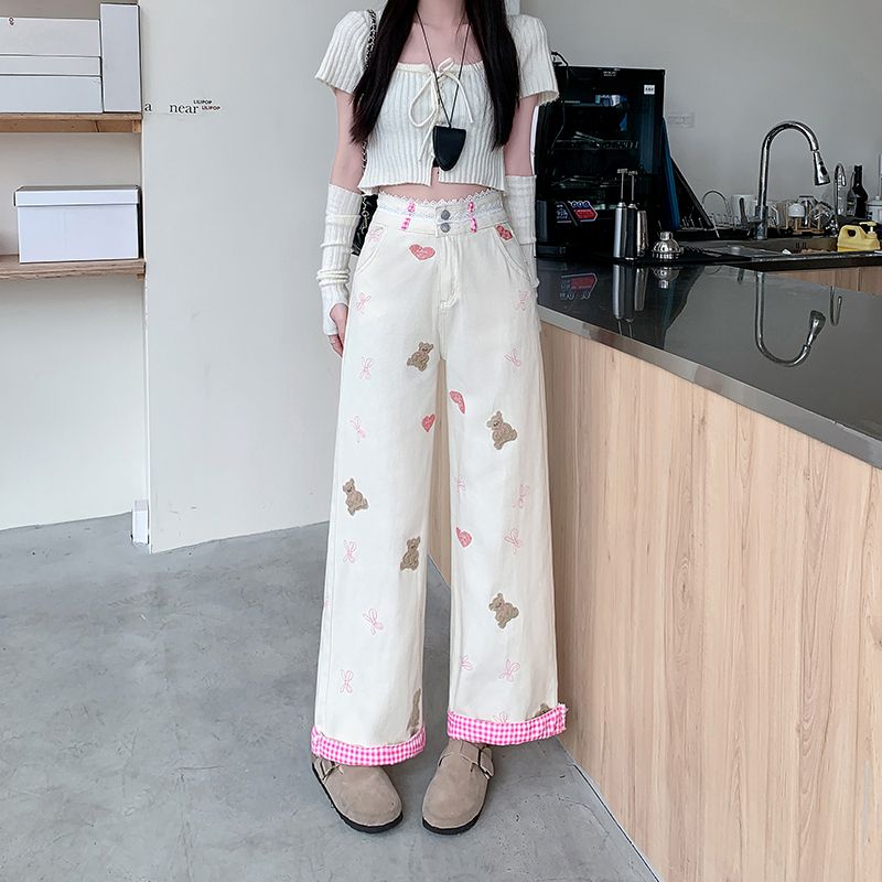 實拍~雙腰頭小熊刺繡卷邊牛仔褲女設計感直筒褲拖地闊腿褲子