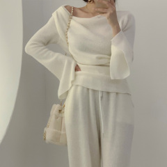 實拍 韓版馬海毛一字領露肩中長款開叉長袖修身性感打底羊毛毛衣