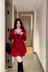 純欲風性感V領蕾絲拼接連衣裙秋冬大碼胖mm修身顯瘦內搭絕美裙子