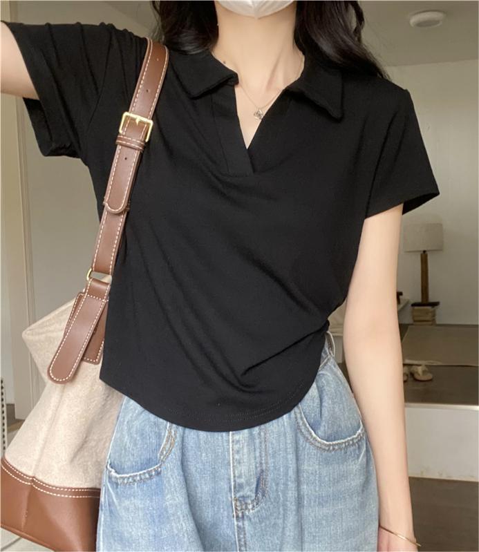 Real photo of polo neck short sleeve shoulder T-shirt design with niche pure slim short top irregular