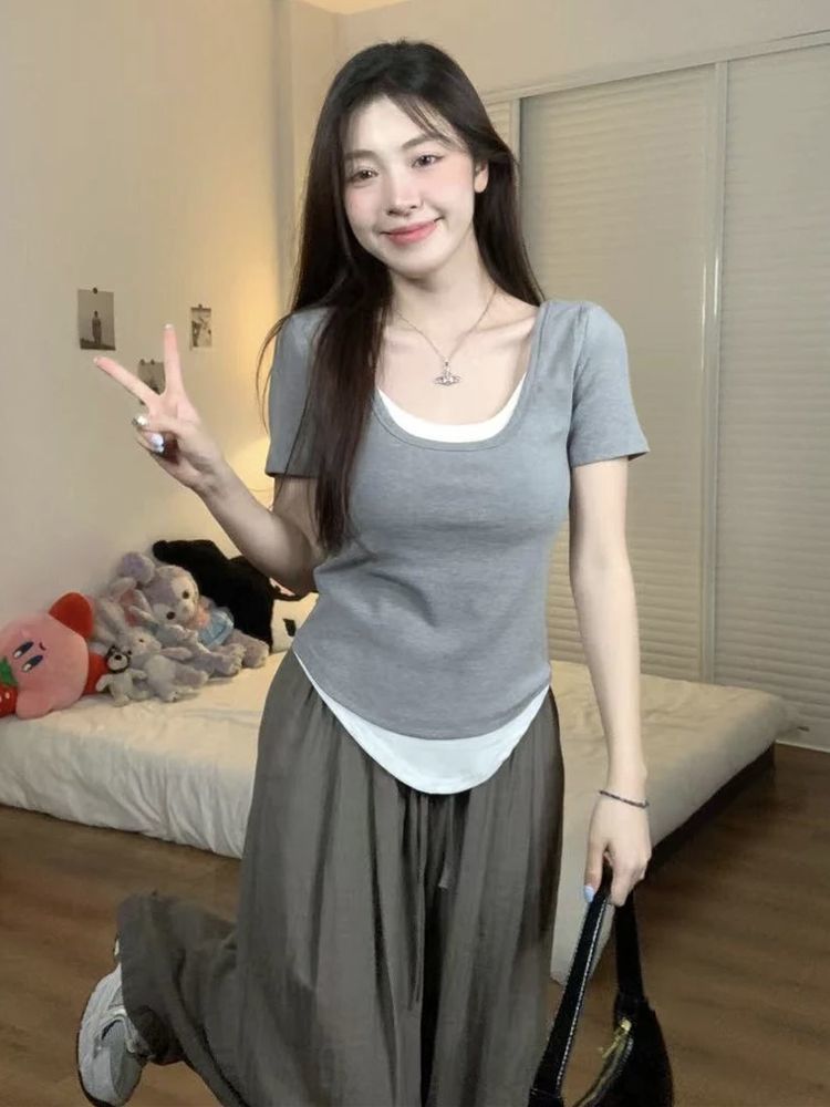 40支92棉8氨綸大碼女裝胖MM正肩短袖t恤女撞色拼接修身上衣 M-4XL