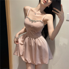 ~ Pure Desire Thousand Dollar Lady Heavy Industry Embellished Dangling Strap Dress for Women with Waist Cinching Princess Bunch Short Skirt