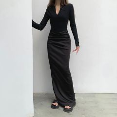 Seductive European and American-style black-toned V-neck slimming dress&mdash;unique, chic design for bold, edgy women.