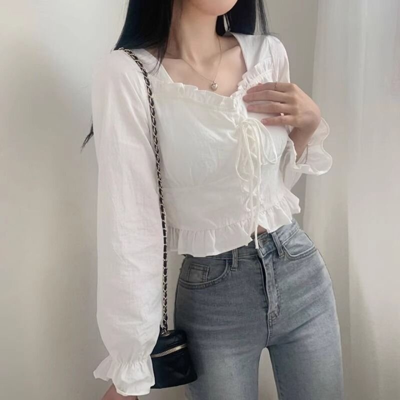 設計感小眾木耳邊圓領泡泡袖襯衫女秋季小個子短款娃娃衫襯衣上衣