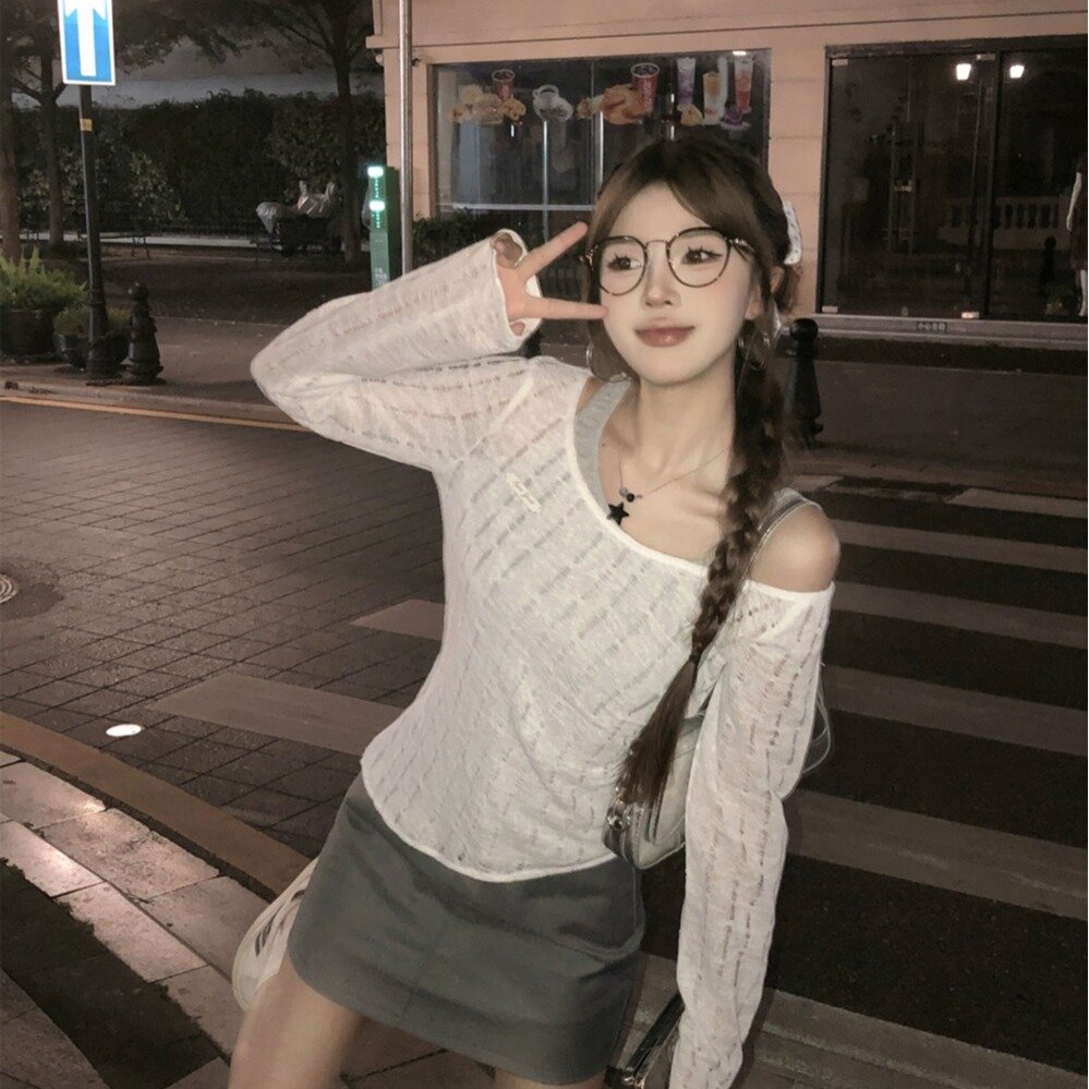 純欲風御姐辣妹鏤空長袖t恤女春秋新款修身短款不規則假兩件上衣