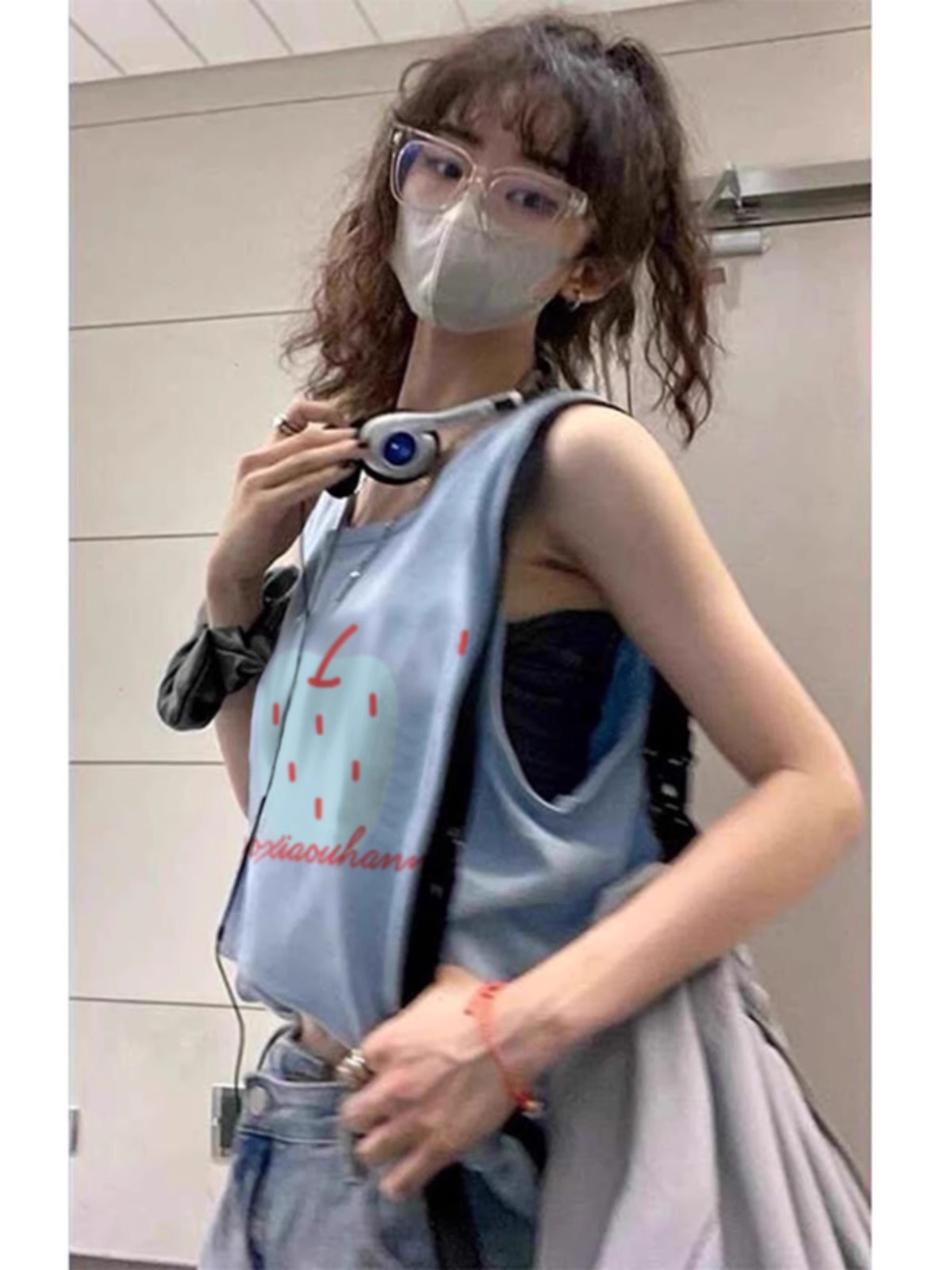 High-quality pure cotton 200g 21 combed tight thread collar method printed loose vest suspender T-shirt for women