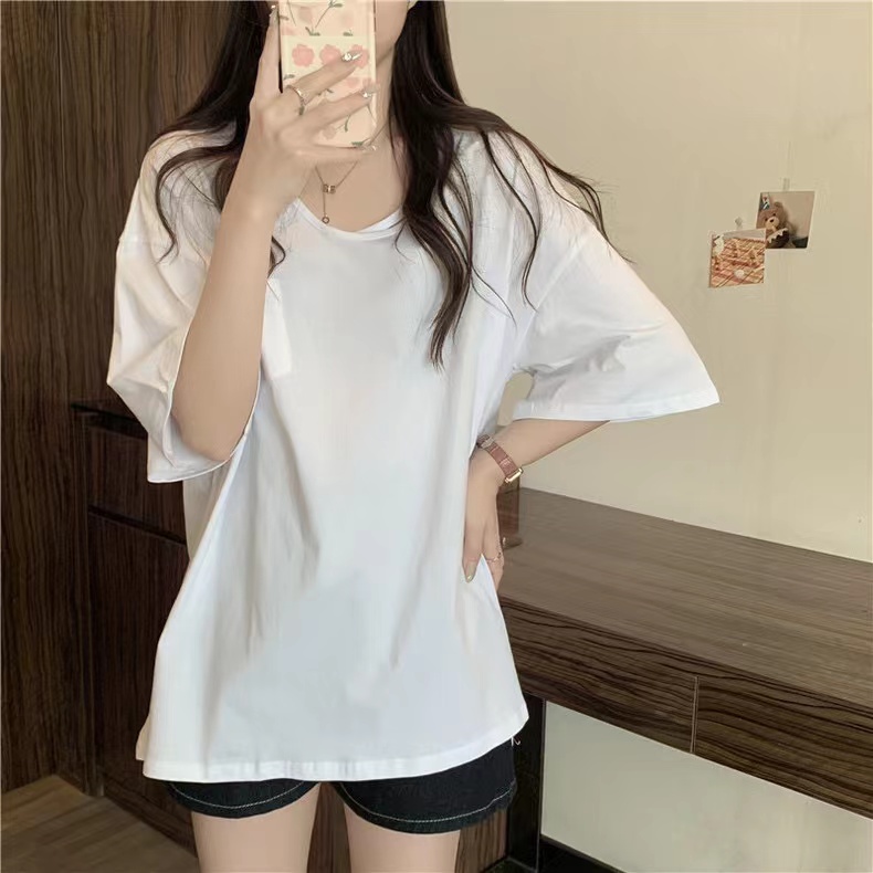 實拍純棉下擺開叉短袖T恤女中長款半袖上衣