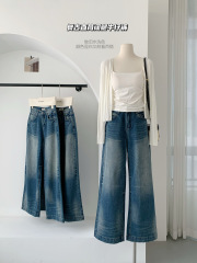 SUNONEONE Retro straight wide-legged old washing jeans for women American loose jeans