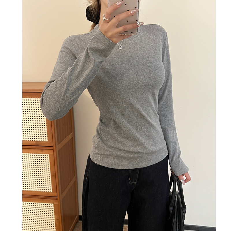 Real-life round neck pure cotton shoulder long sleeve T-shirt for women's spring and autumn base shirt with slim T-shirt top
