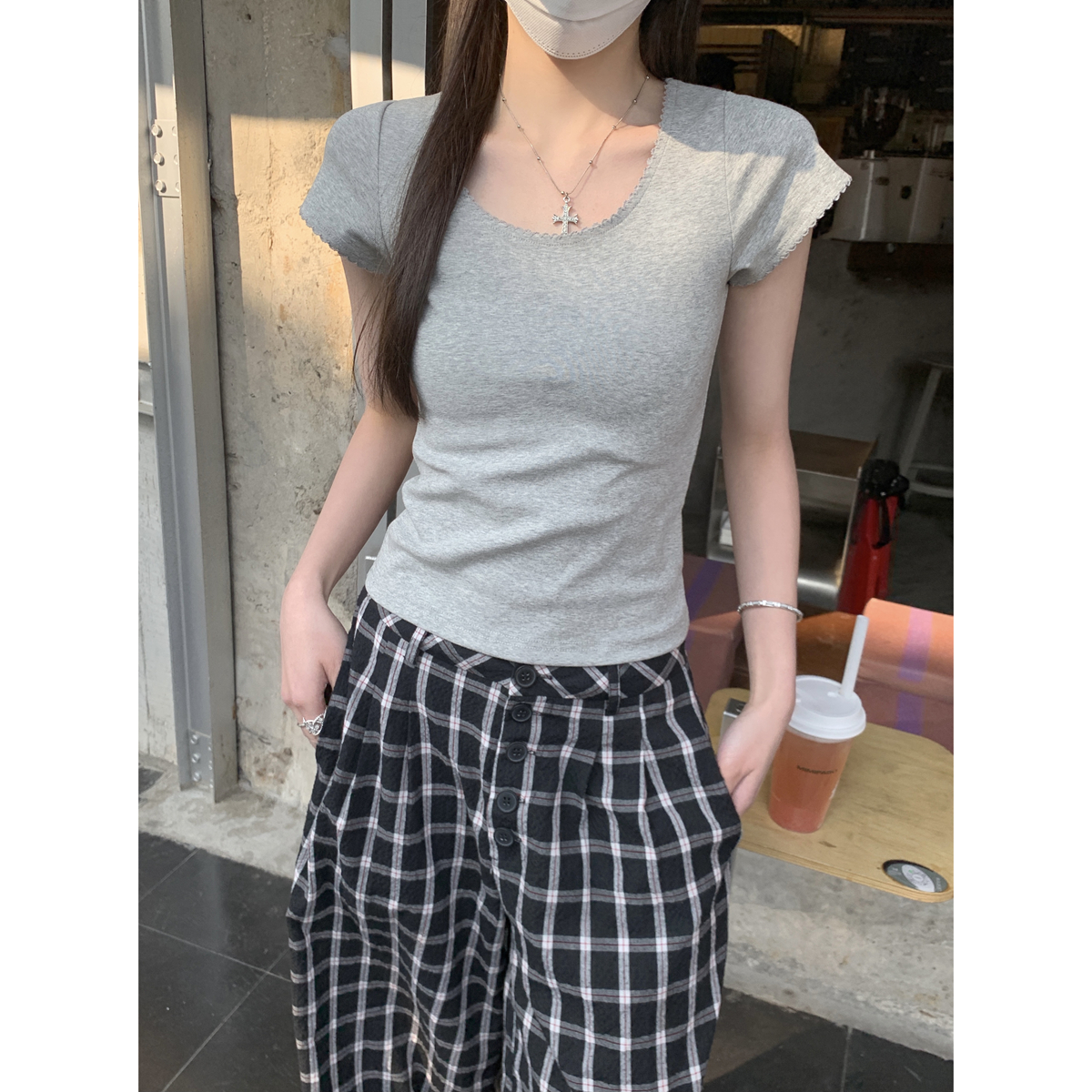 Real shot of 2025 spring and summer Korean style square collar simple design versatile 260g pure cotton short-sleeved T-shirt top