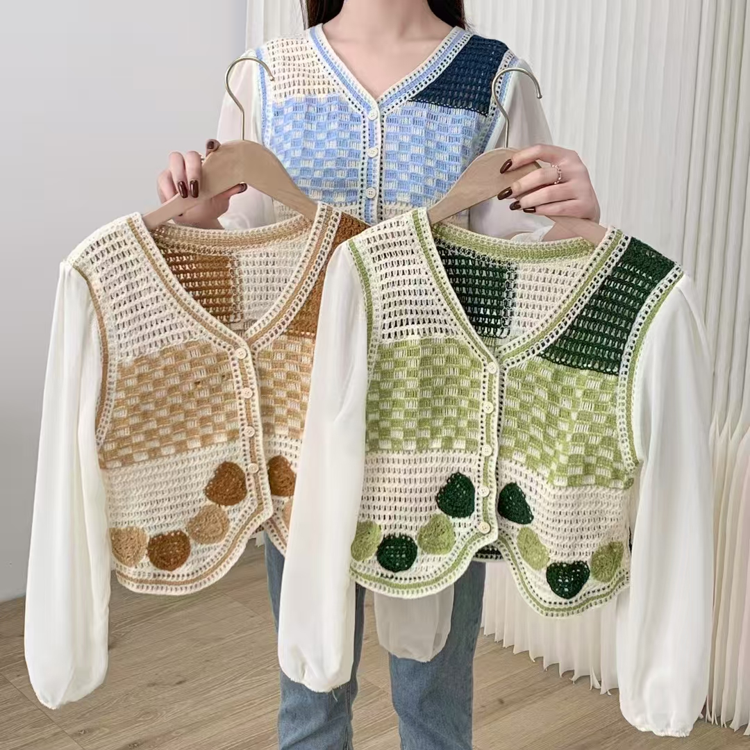 2025春秋季新款V領鏤空鈎花刺繡針織小衫長袖上衣顯瘦短款少女