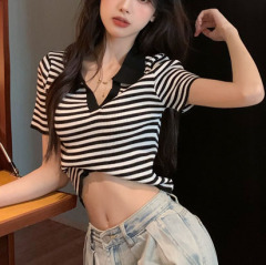 polo領修身顯瘦條紋短袖短款針織T恤上衣女露臍設計感小眾針織辣