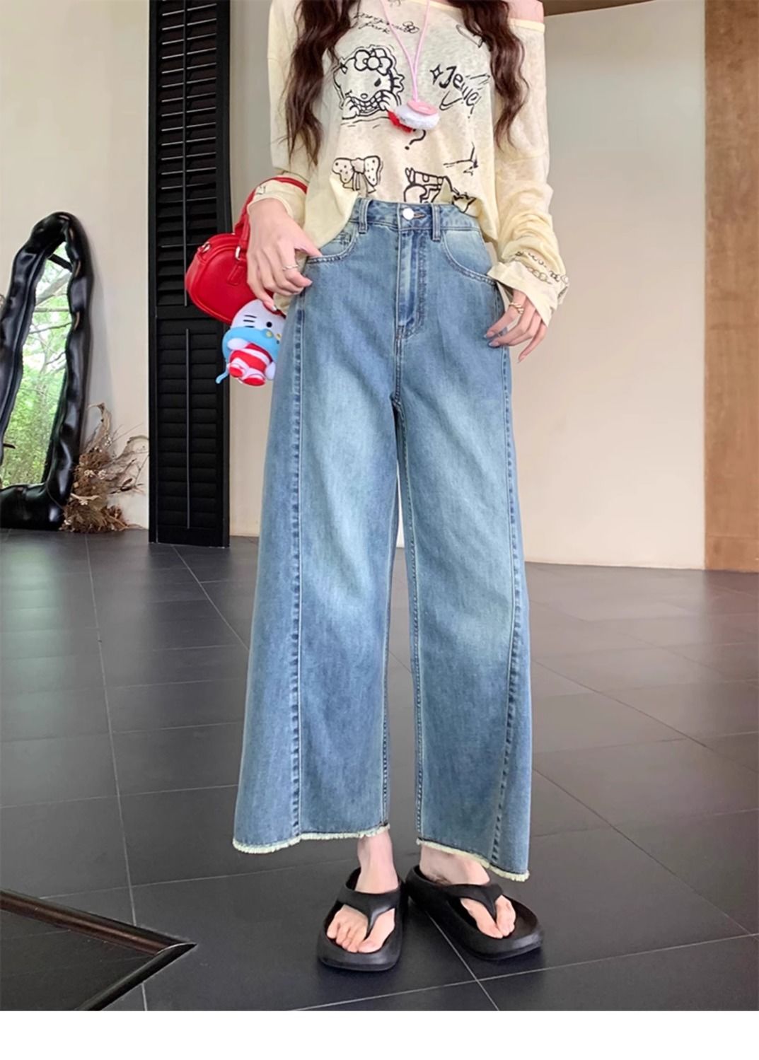 大碼九分牛仔褲女夏季2025新款薄款胖mm寬鬆高腰顯瘦直筒闊腿褲子