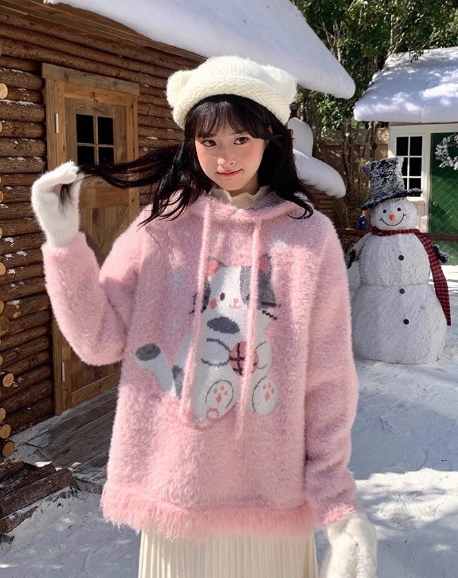 甜美風可愛貓貓軟糯毛衣女2025冬季新款慵懶減齡仿貂毛針織衫上衣