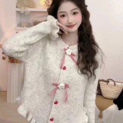 韓系穿搭木耳邊蝴蝶結針織開衫女春季高質量毛衣甜美軟糯上衣