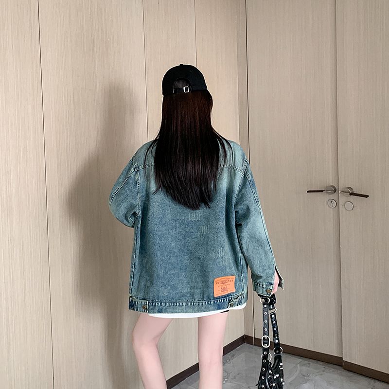 Vintage American Retro Streetwear Brand Distressed Wash Denim Jacket for Women Loose Denim Top Coat