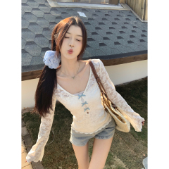 Real shot of spring Korean version pure and gentle V-neck lace bow with tube top two-piece long-sleeved T-shirt