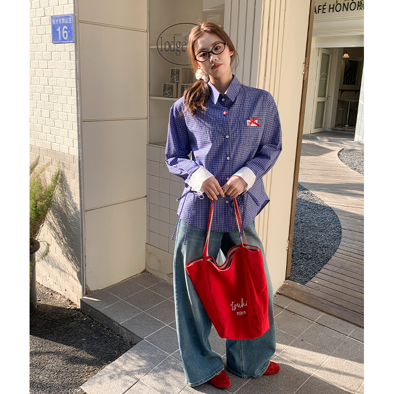 Real photo American retro college style long-sleeved blue shirt early spring high-end loose top shirt women