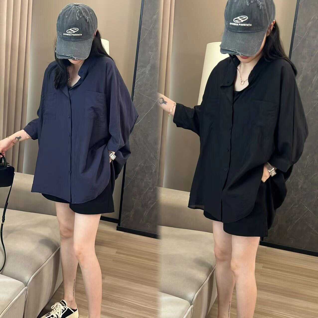 二姐的寶藏港風夏季時尚大版口袋襯衣慵懶風寬鬆百搭襯衫