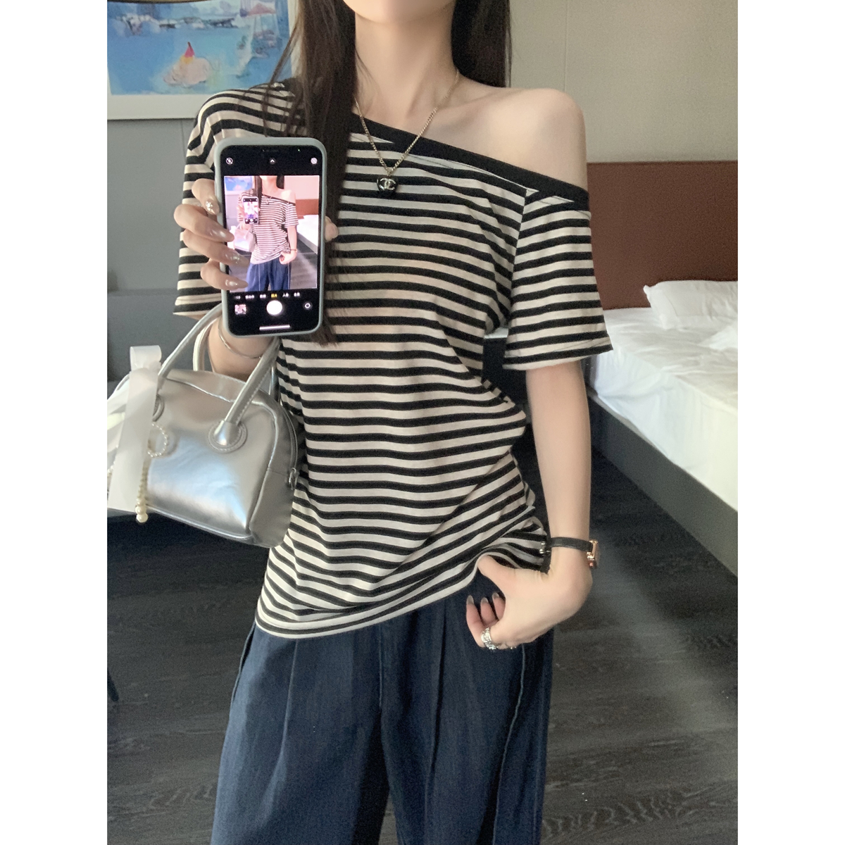 Real shot of 2025 spring and summer Korean version loose one-shoulder temperament striped pure cotton versatile short-sleeved T-shirt top