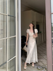 法式茶歇優雅提花短袖連衣裙子女收腰氣質設計高級感溫柔長裙夏季