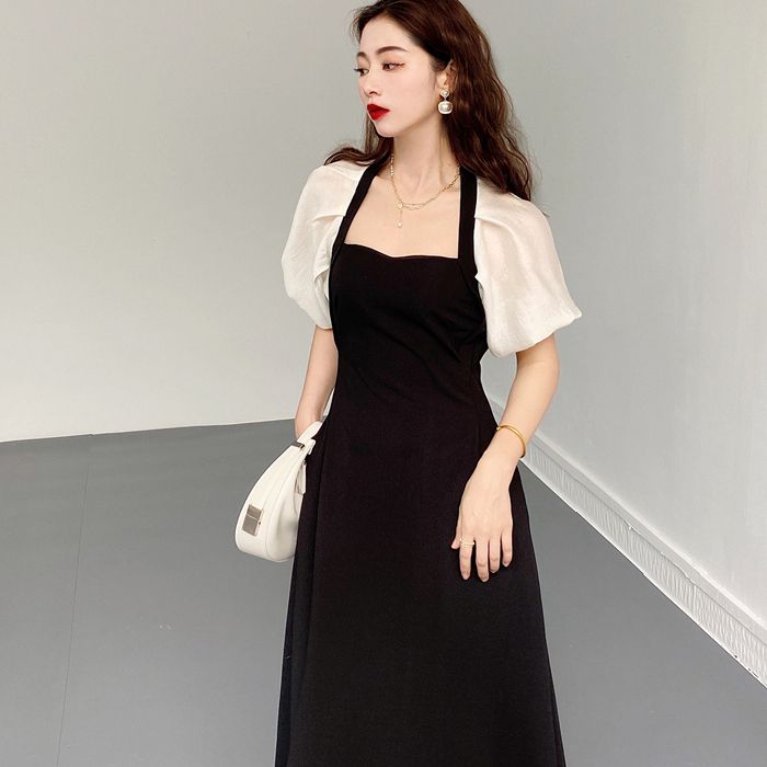 夏季法式高級感長裙赫本風泡泡袖連衣裙女2025年設計感小眾小黑裙