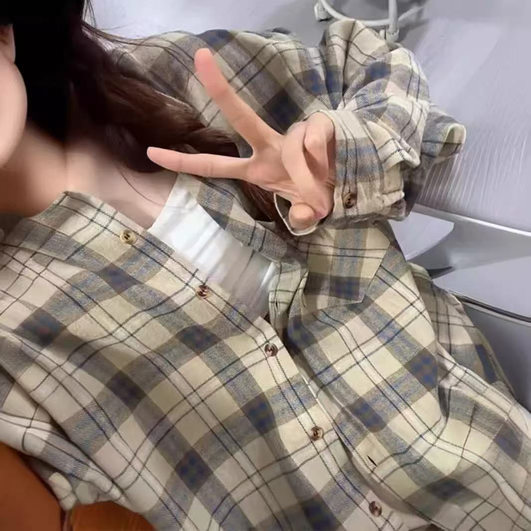 輕奢高街純棉復古格子襯衫女美拉德潮牌做舊寬鬆百搭休閒上衣