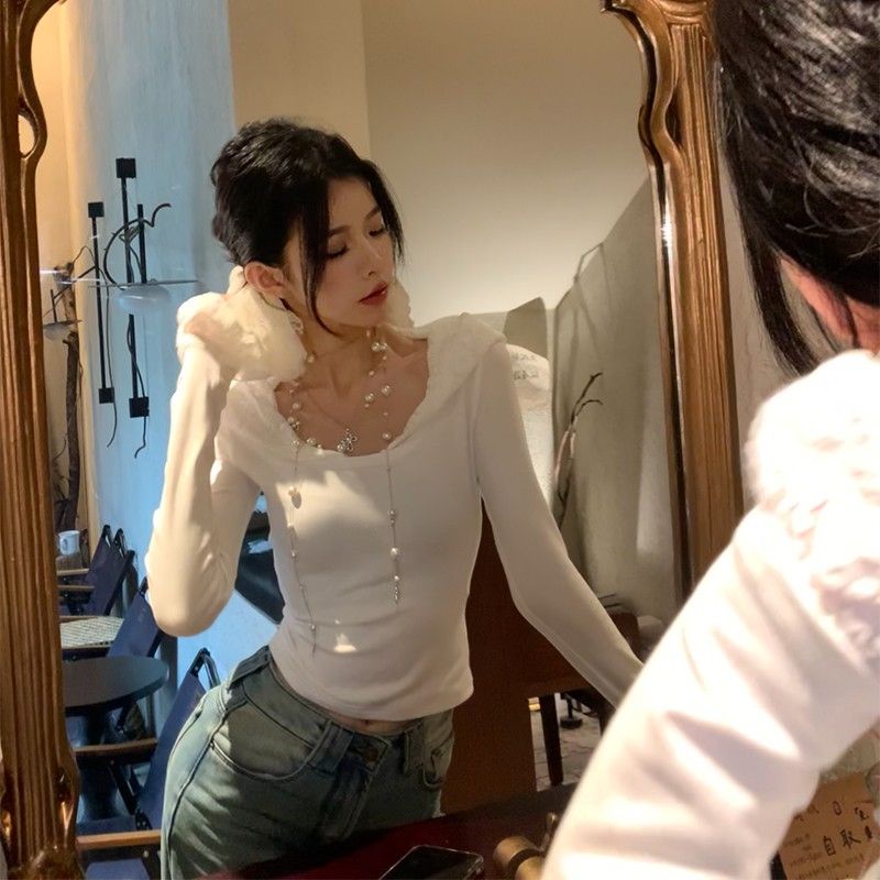 260g men's cotton furry fashionable sweet lace hooded base shirt design niche long-sleeved T-shirt for women