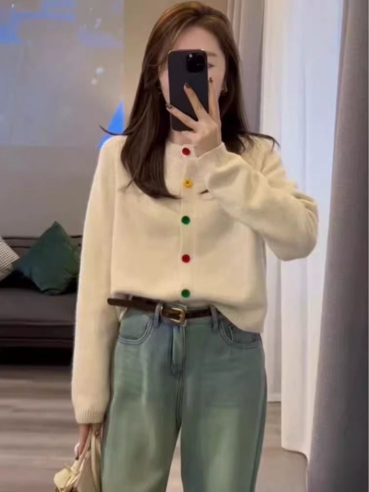 韓系減齡彩虹單排扣圓領針織開衫早春新款慵懶風小眾粉色毛衣外套