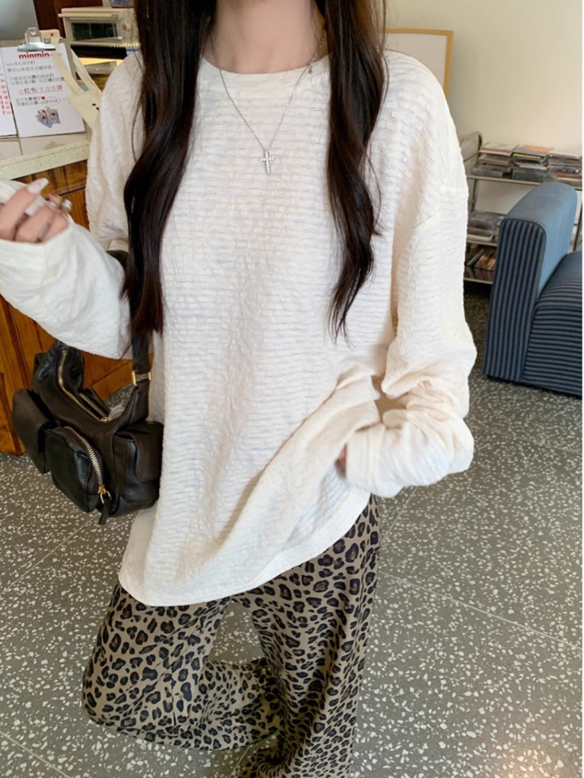 Original fabric Three-dimensional texture long-sleeved T-shirt in autumn loose inner bottom shirt loose lazy style top