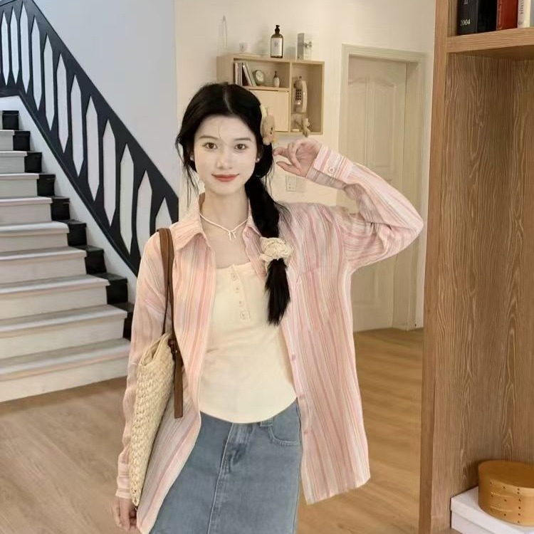 粉色條紋polo領長袖襯衫女裝夏季薄款寬鬆防曬襯衣中長款上衣