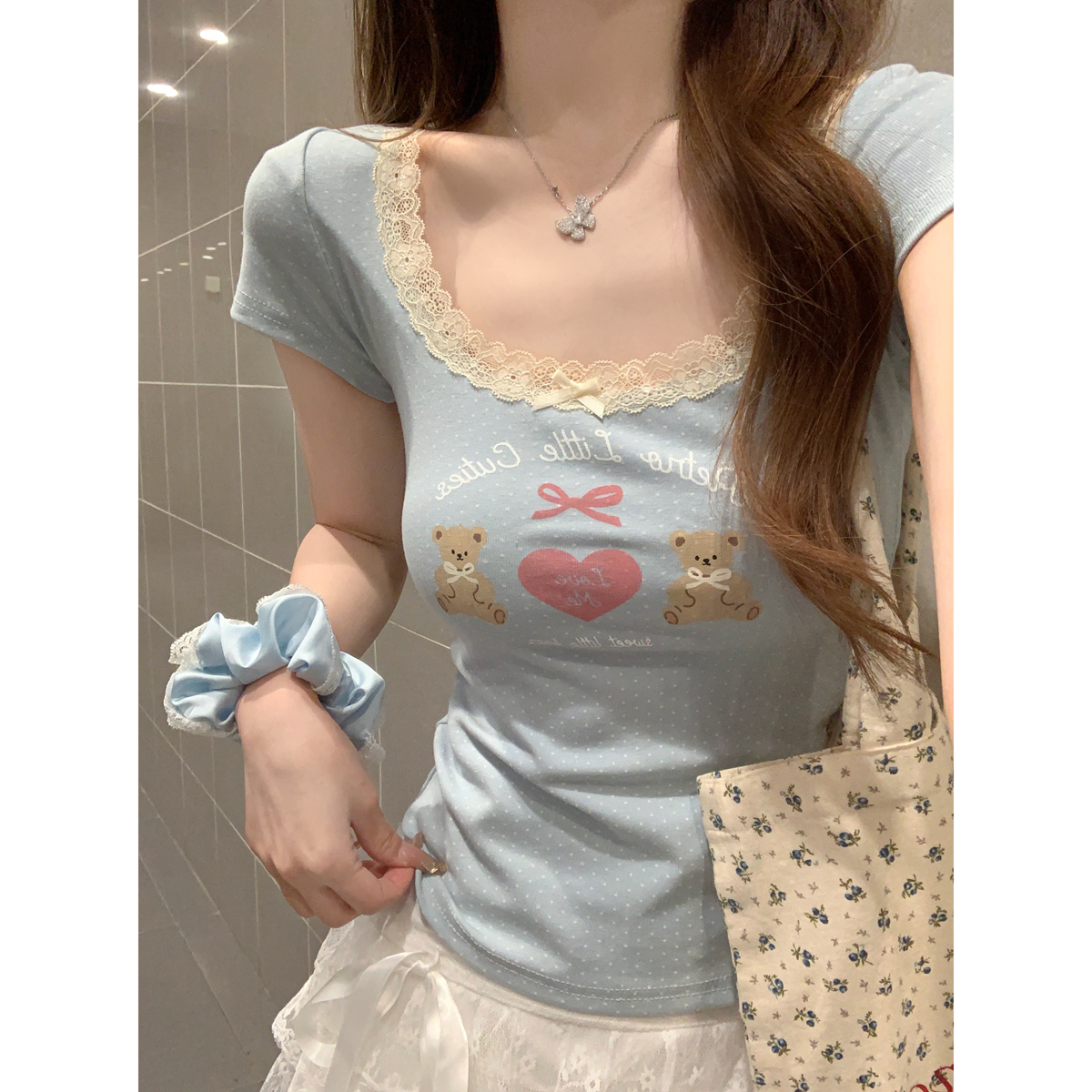 Real shot of spring and summer Korean version pure desire square collar lace polka dot cartoon print age-reducing girl short-sleeved T-shirt top