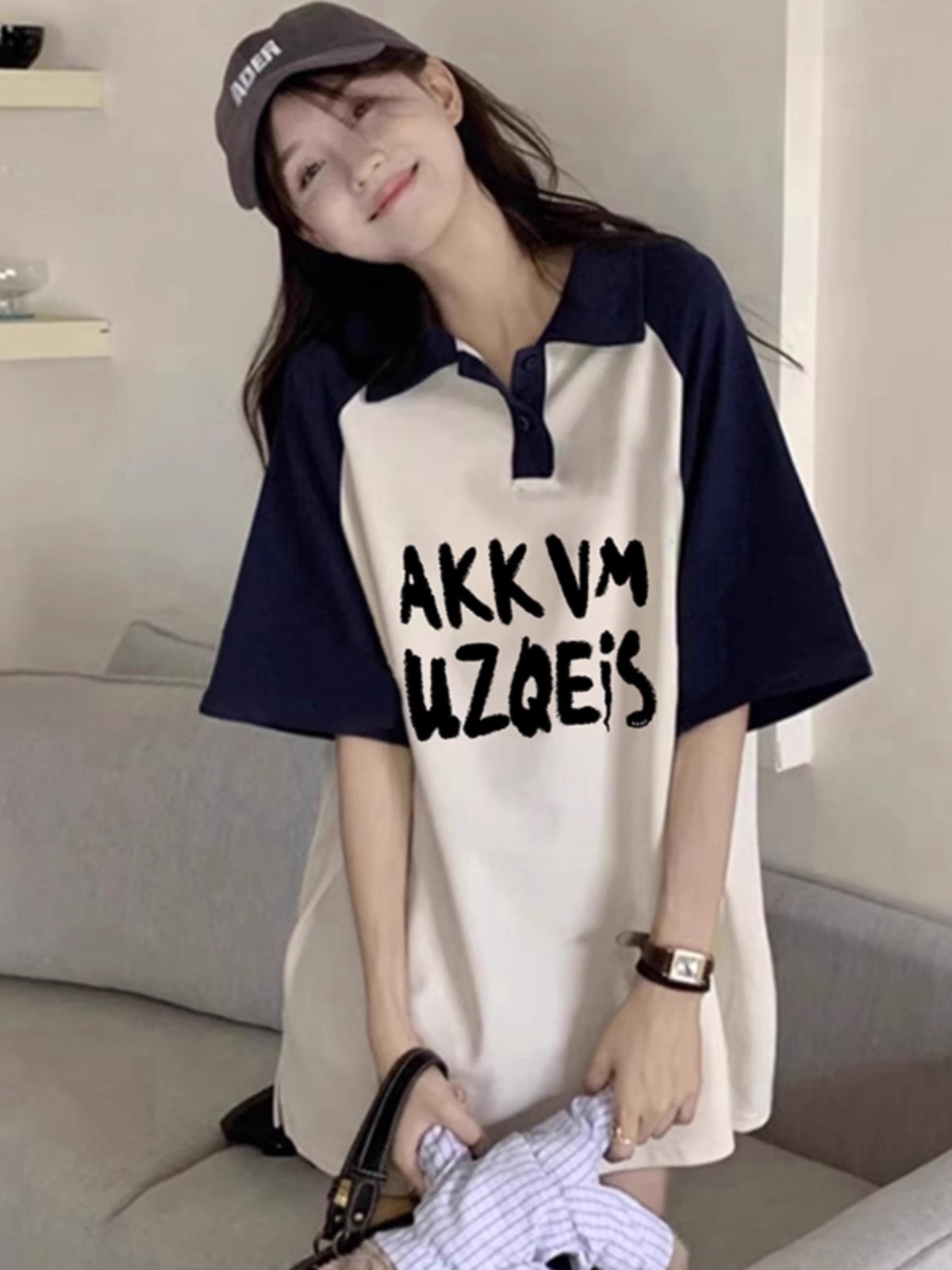High-quality pure cotton 200g 21 combed tight printed POLO shirt loose color block lapel short-sleeved shirt for women