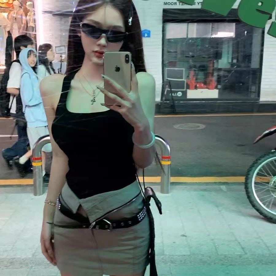 辣妹風套裝女夏季新款黑色工字無袖吊帶背心美式高腰半身裙兩件套