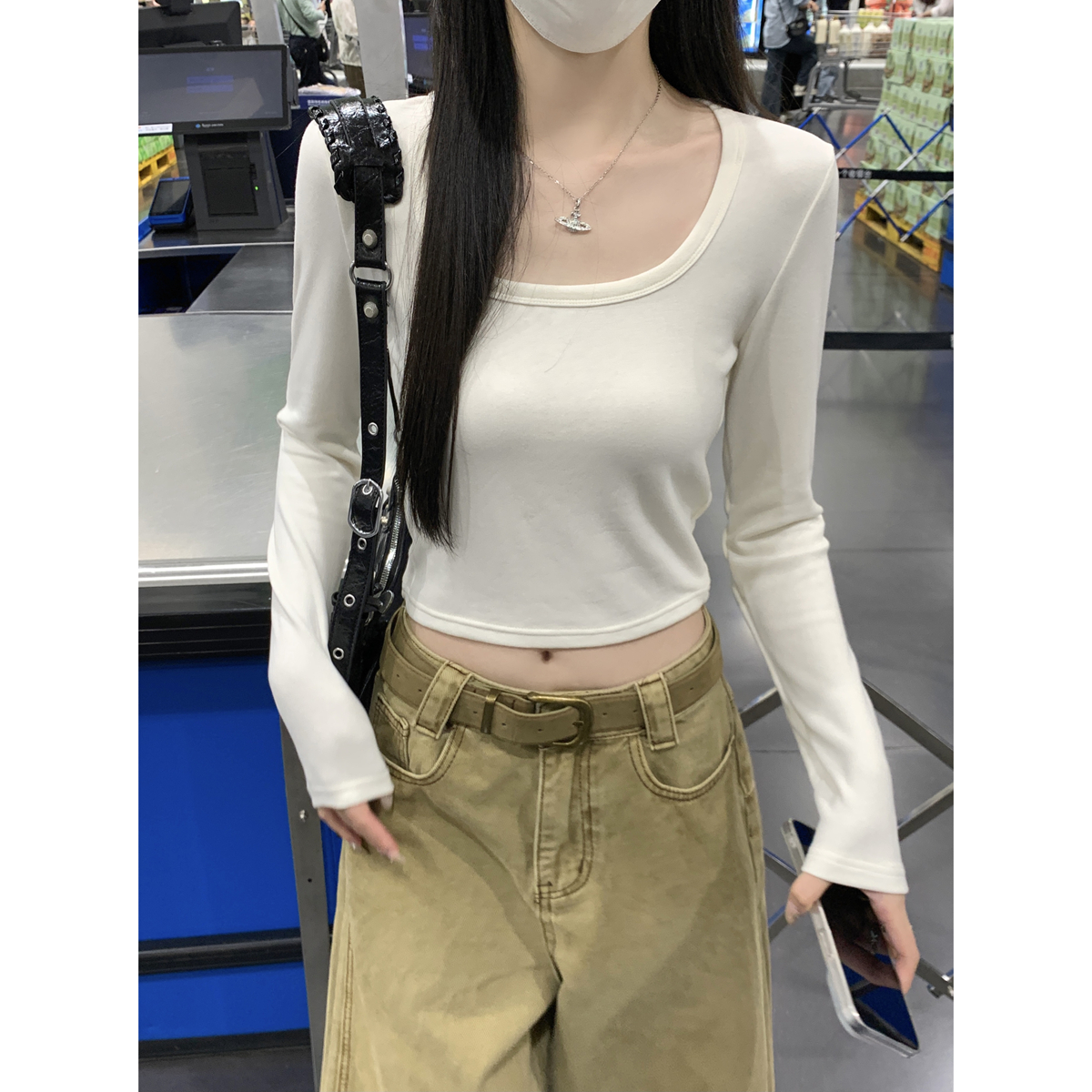 Real shot of spring and summer Korean style square collar simple and versatile short long-sleeved base shirt T-shirt top for women