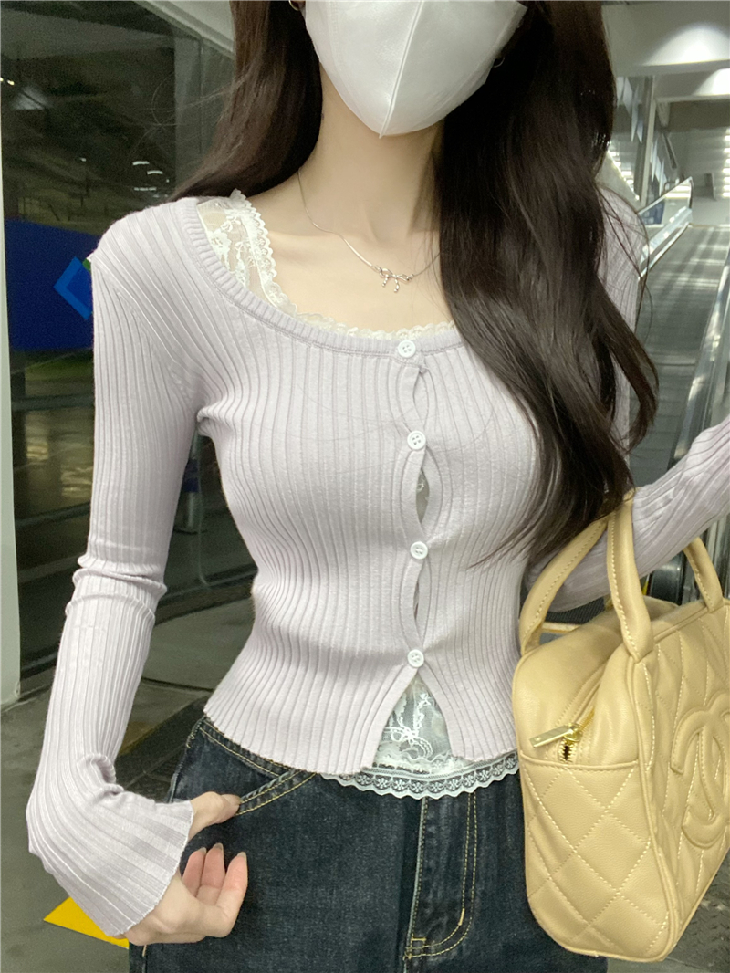 Real shot of pure and fake two-piece lace long-sleeved sweater for women's short, chic slim top